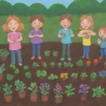 Niños plantando en un jardín escolar lleno de vida y aprendizaje sobre ecología