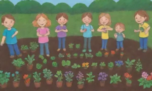 Niños plantando en un jardín escolar lleno de vida y aprendizaje sobre ecología