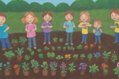 Niños plantando en un jardín escolar lleno de vida y aprendizaje sobre ecología