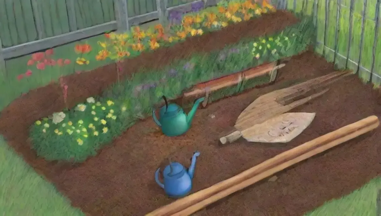Un jardín vibrante y sereno con flores, herramientas ordenadas y un ambiente tranquilo