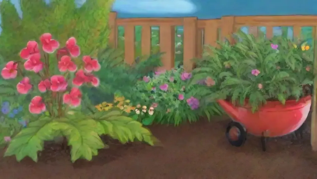 Un jardín vibrante con flores, un sistema de riego automático y la armonía entre naturaleza y tecnología