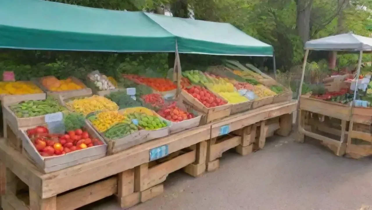 Un mercado vibrante con productos frescos, sonrisas de agricultores y un ambiente acogedor
