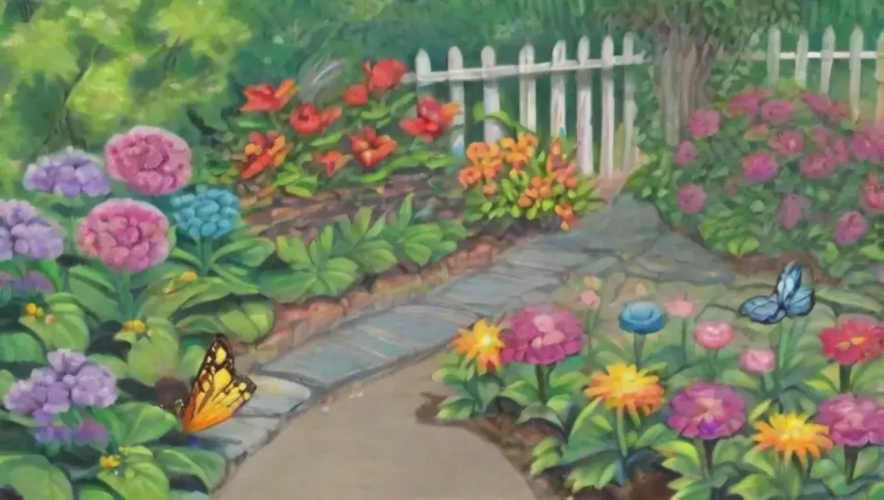 Un jardín vibrante y armonioso lleno de flores, insectos y vida