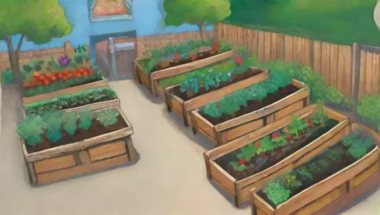 Un vibrante jardín comunitario lleno de vida, color y colaboración