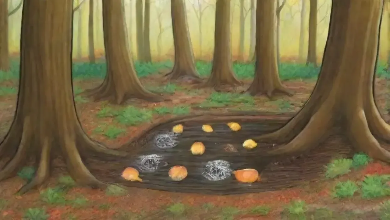 Una escena forestal vibrante con trampas camufladas, luz filtrándose entre hojas y un ambiente tranquilo