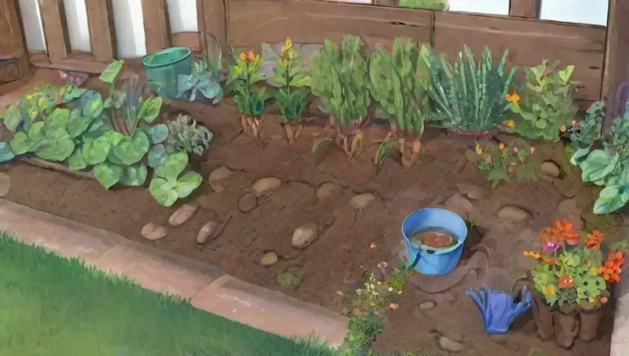 Un jardín vibrante con plantas verdes, flores brillantes y herramientas de jardinería