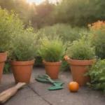 Jardín de otoño con hierbas vibrantes y ambiente acogedor