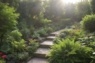 Jardín urbano vibrante bajo la cálida luz del sol