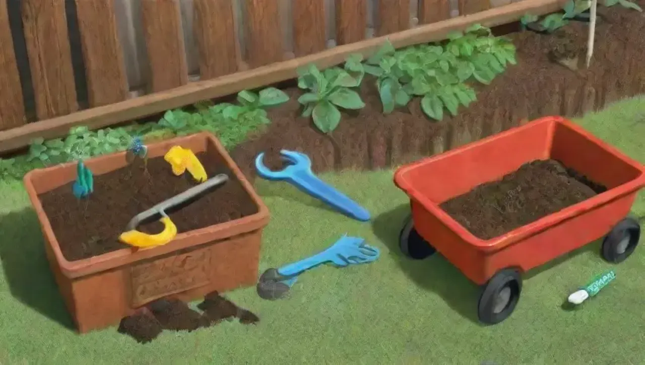 Un jardín vibrante y lleno de herramientas y vida