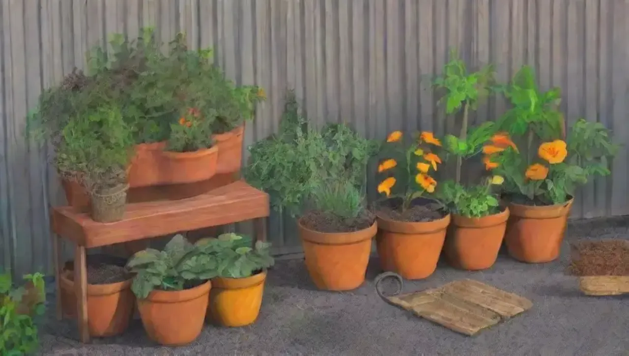 Un jardín vibrante y lleno de vida con plantas, herramientas y elementos naturales