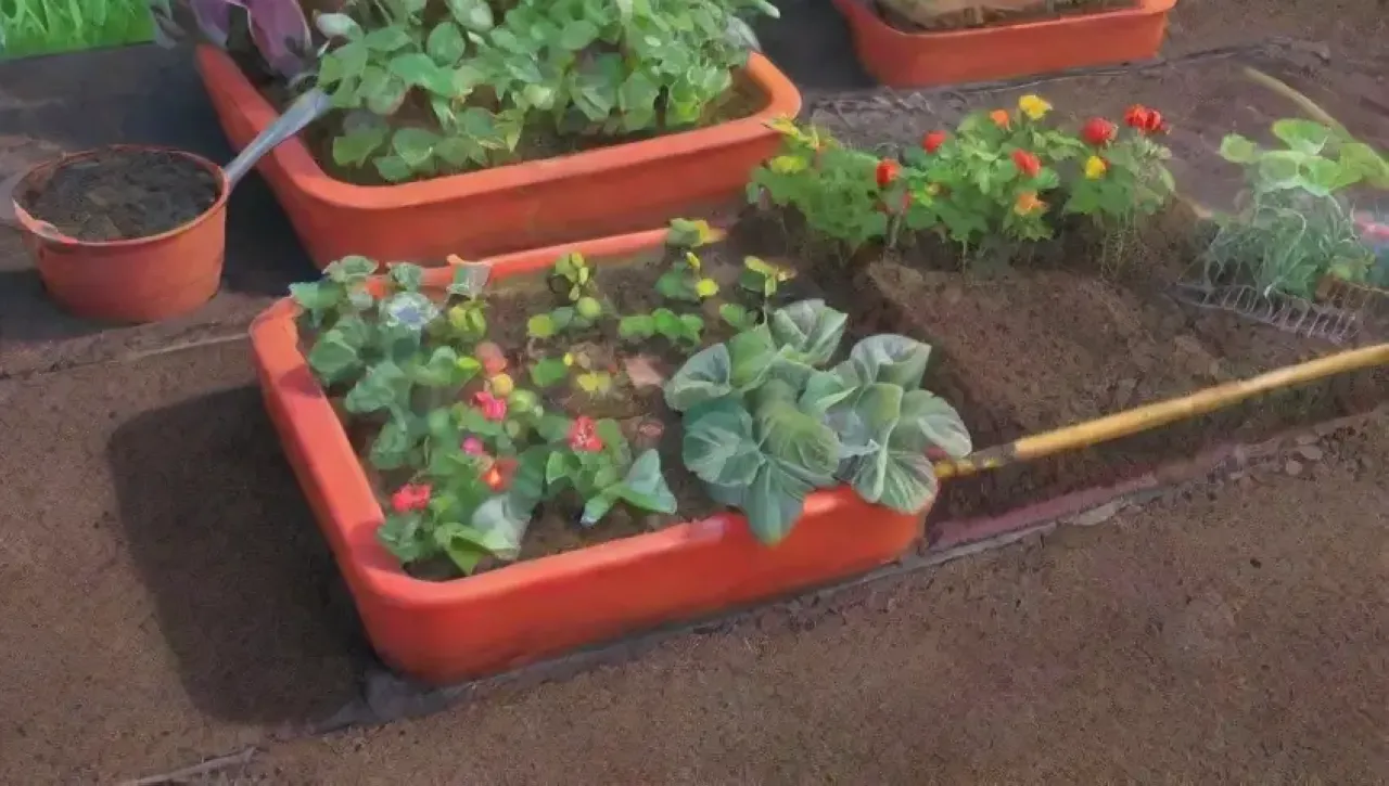 Un jardín vibrante y lleno de vida con flores, frutas y fauna