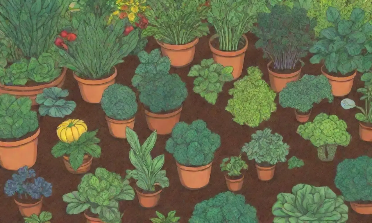 Jardín vibrante con plantas diversas y cosechas coloridas