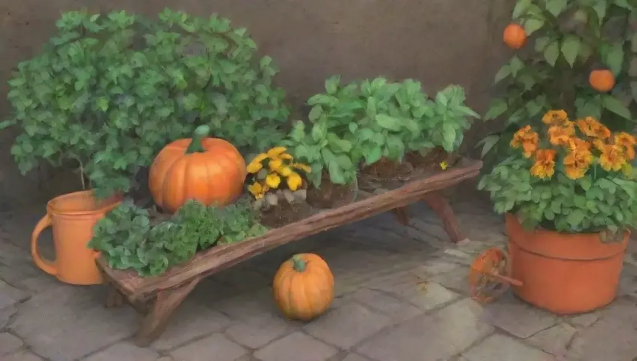Un jardín otoñal vibrante con hojas, herramientas, calabazas, hierbas, flores y un espantapájaros