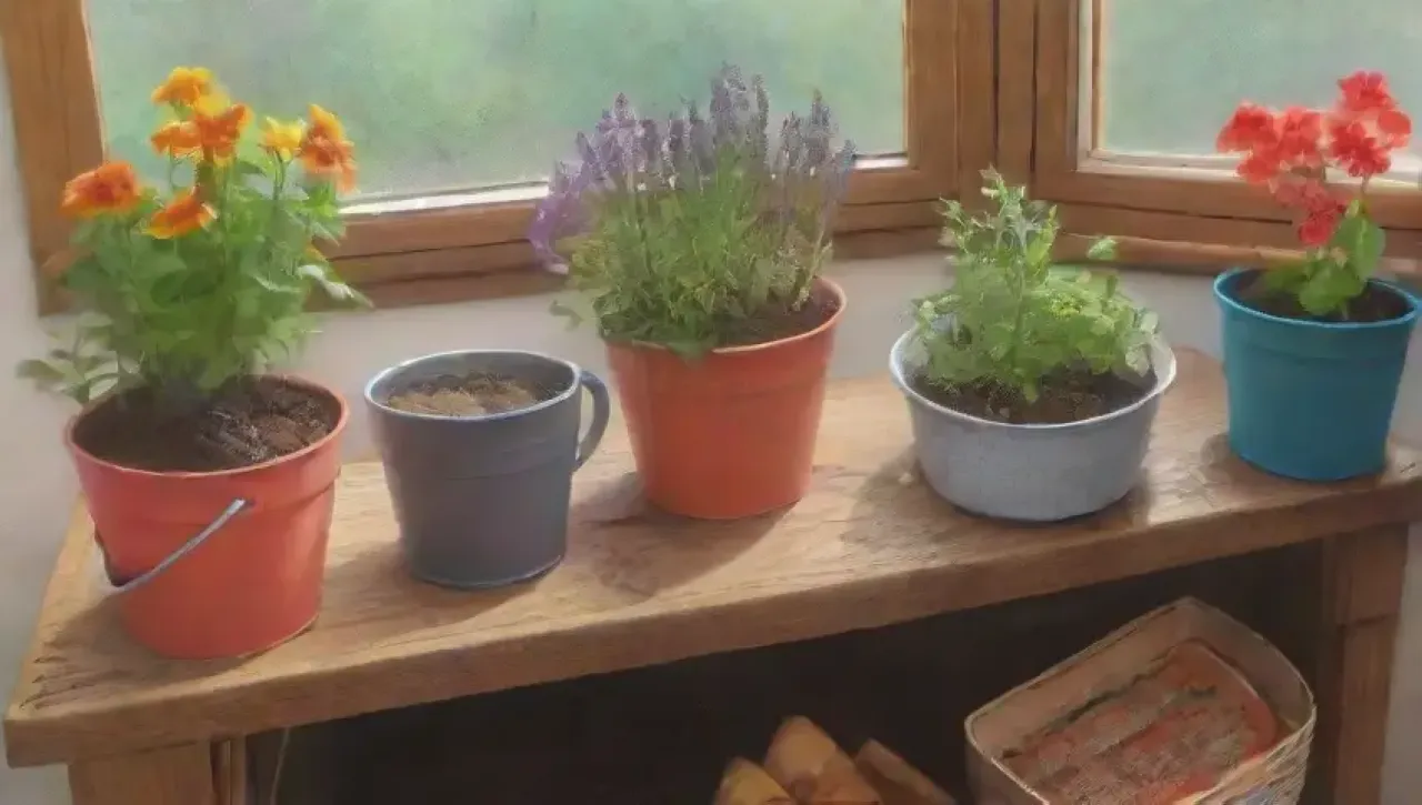 Una cocina vibrante y luminosa, llena de vida y abundancia, con plantas, compost y risas