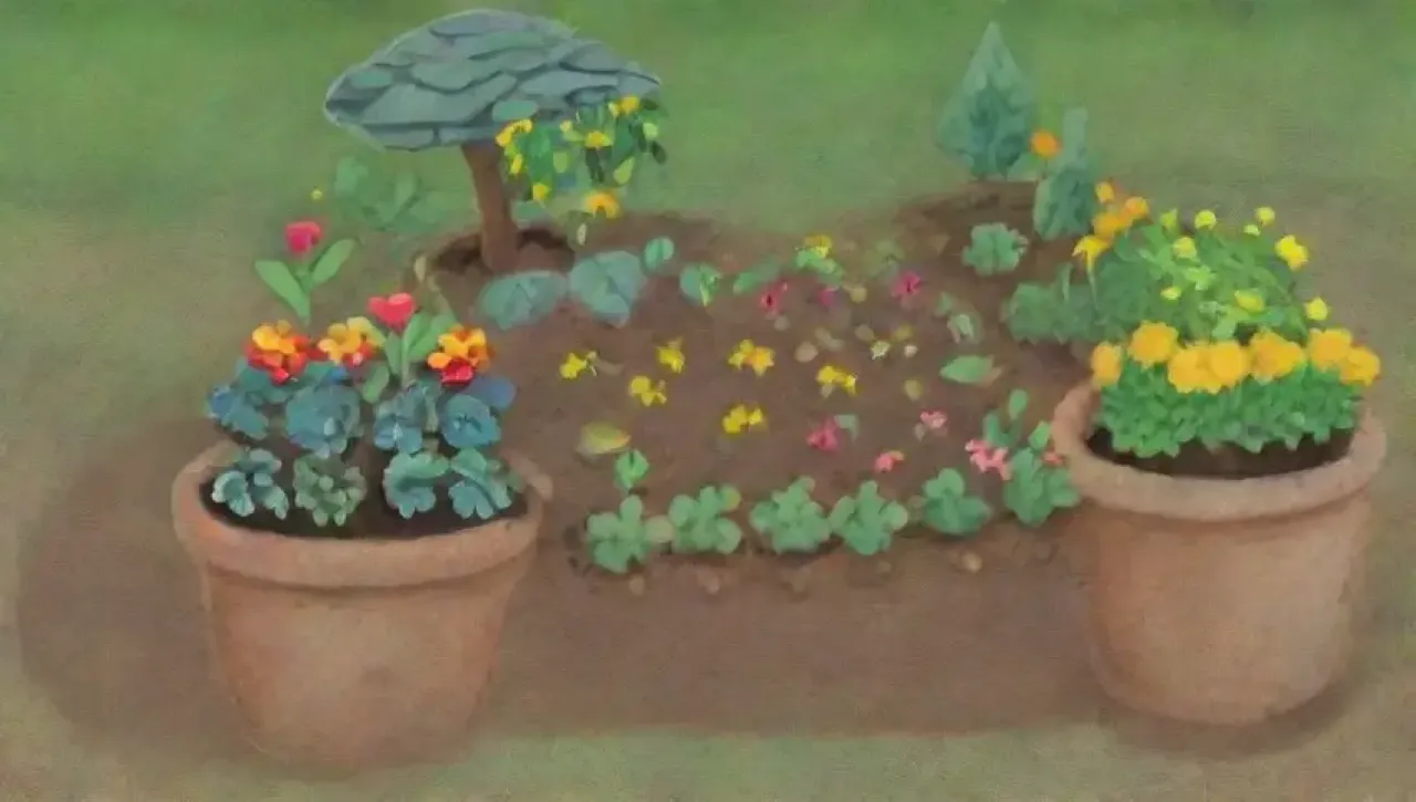 Un jardín vibrante y lleno de vida con plantas, flores, insectos y herramientas