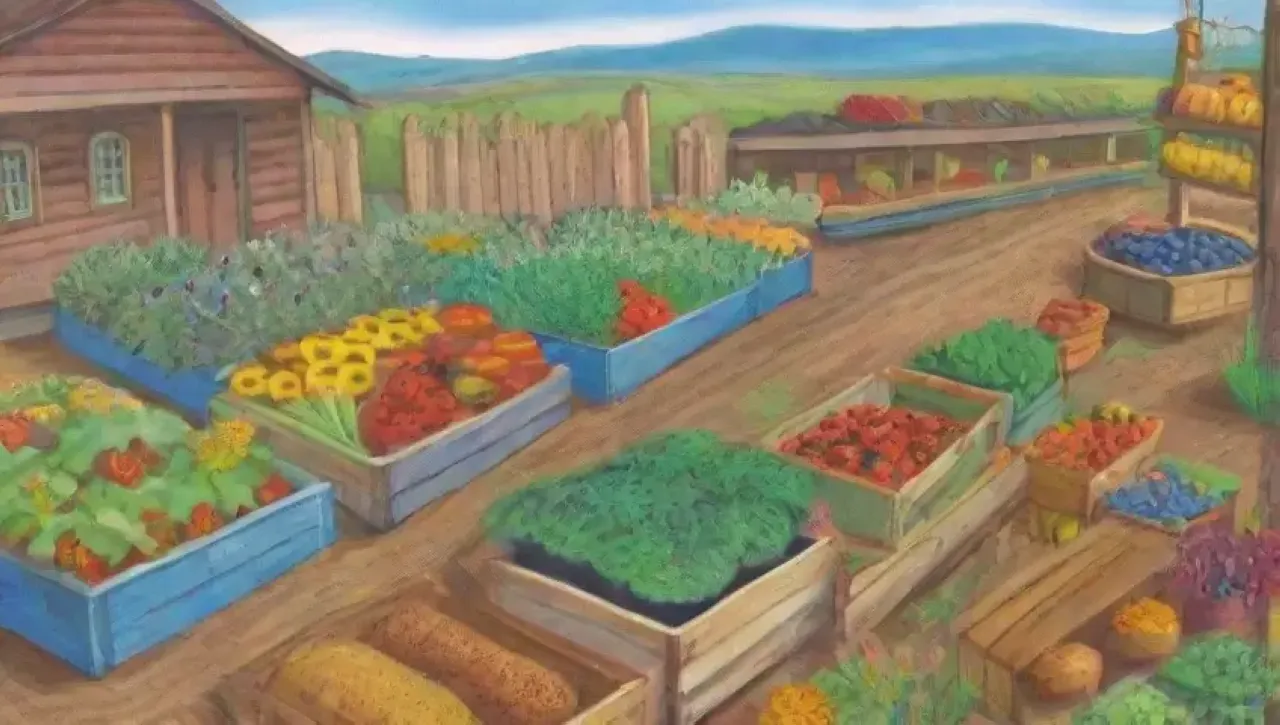 Un paisaje agrícola vibrante y comunitario lleno de vida, colores y sostenibilidad