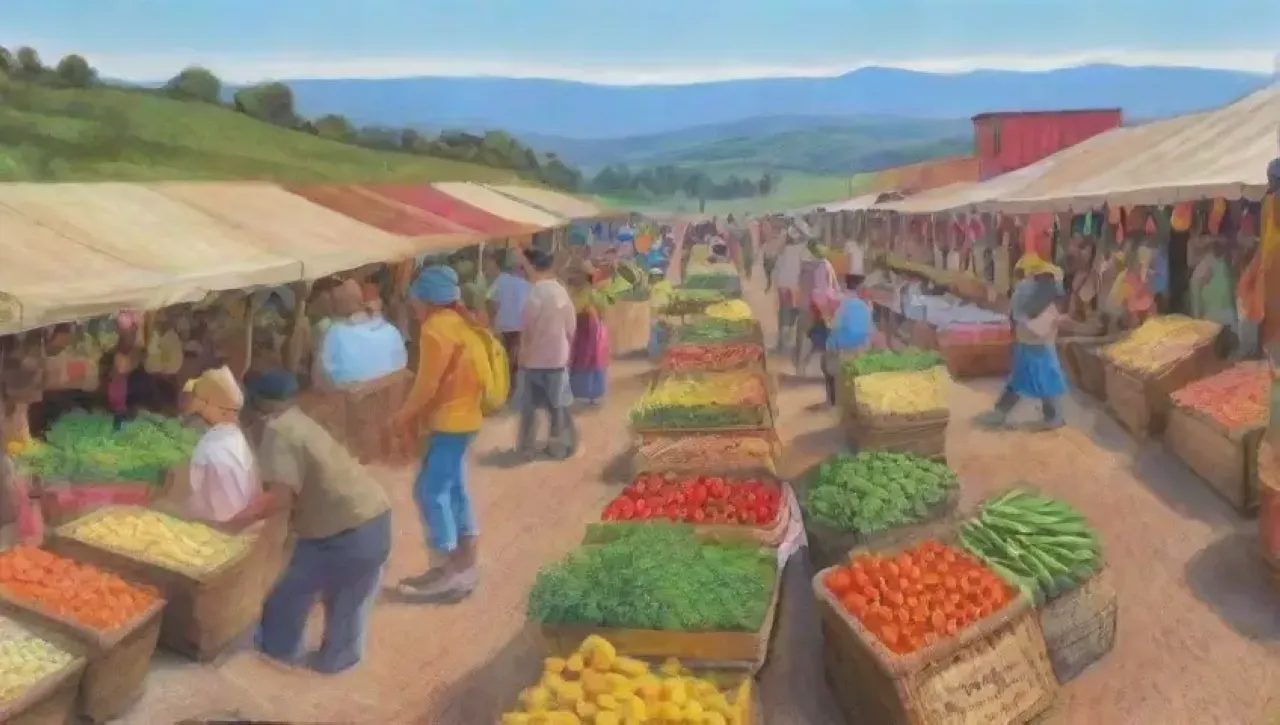 Un bullicioso mercado agrícola lleno de colores, risas y productos frescos