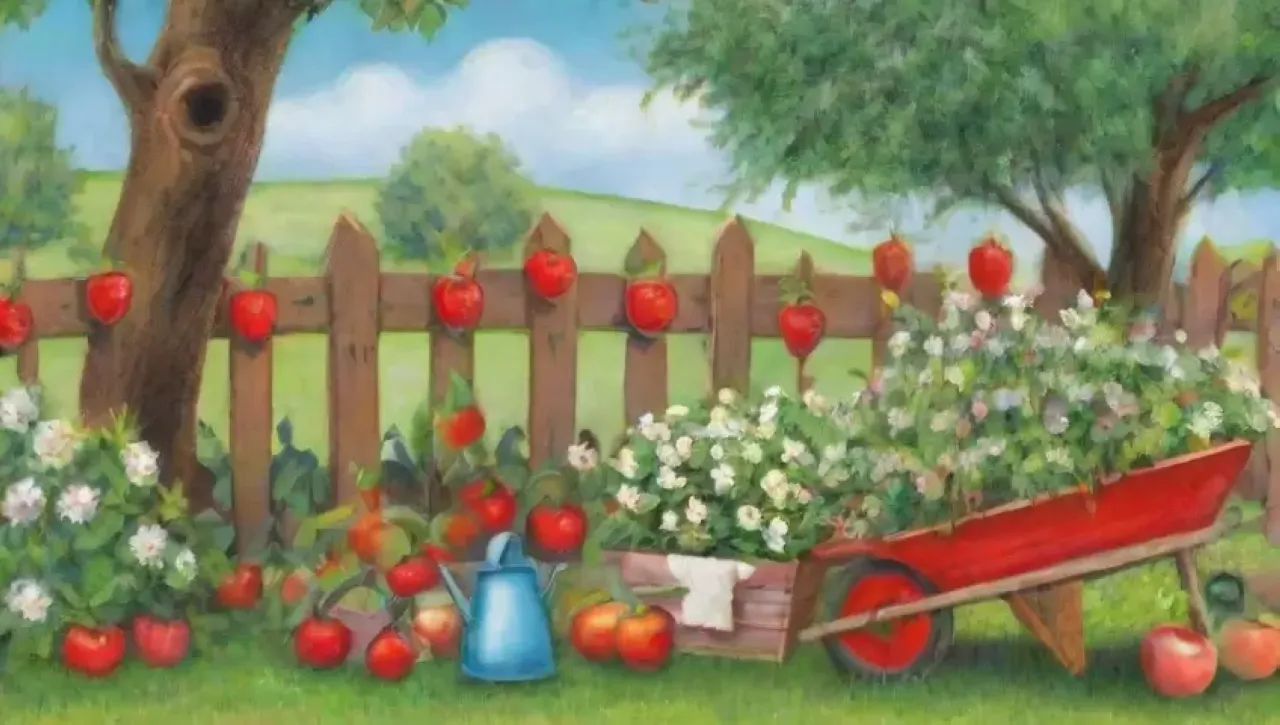 Un hermoso y vibrante paisaje de un huerto con frutas, flores y una familia disfrutando