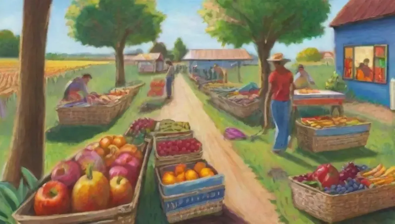 Un mural vibrante rodeado de campos verdes, cosechas coloridas y una comunidad unida en armonía