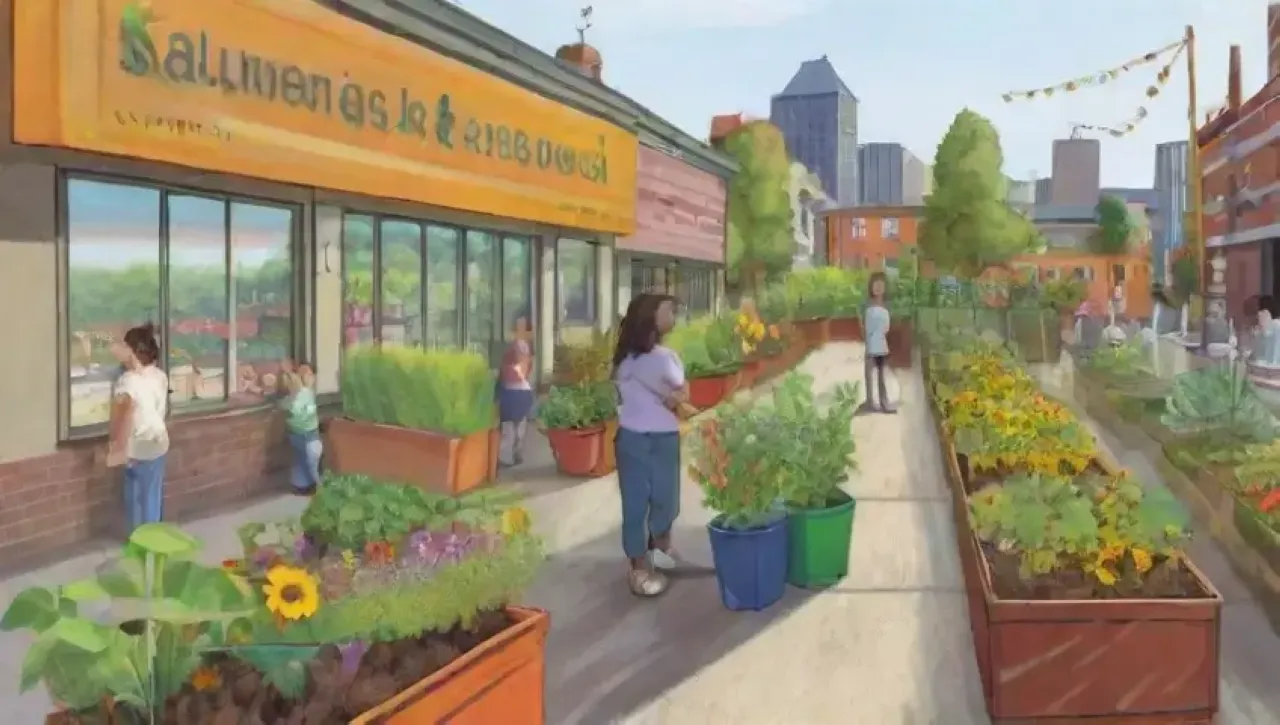 Un vibrante ecosistema urbano florece con jardines, mercados y comunidades sostenibles entre edificios