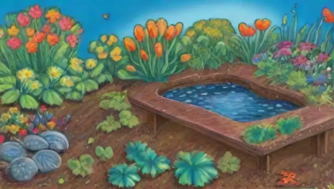 Un jardín vibrante con plantas verdes, flores coloridas y un cuidador en armonía con la naturaleza
