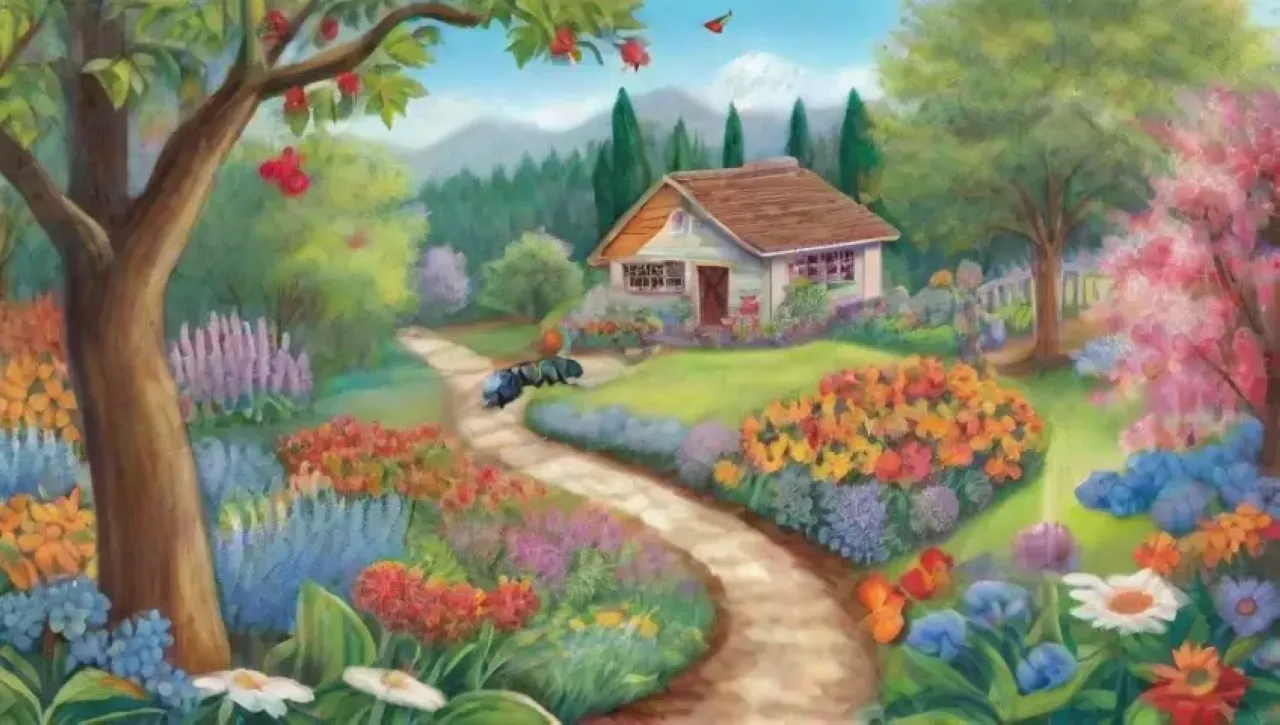 Un jardín vibrante y lleno de vida con flores, polinizadores y frutos en armonía