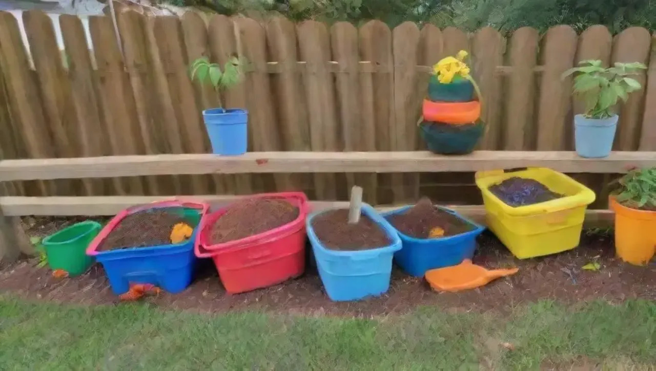 Un entorno educativo vibrante y natural con niños aprendiendo sobre compostaje y jardinería