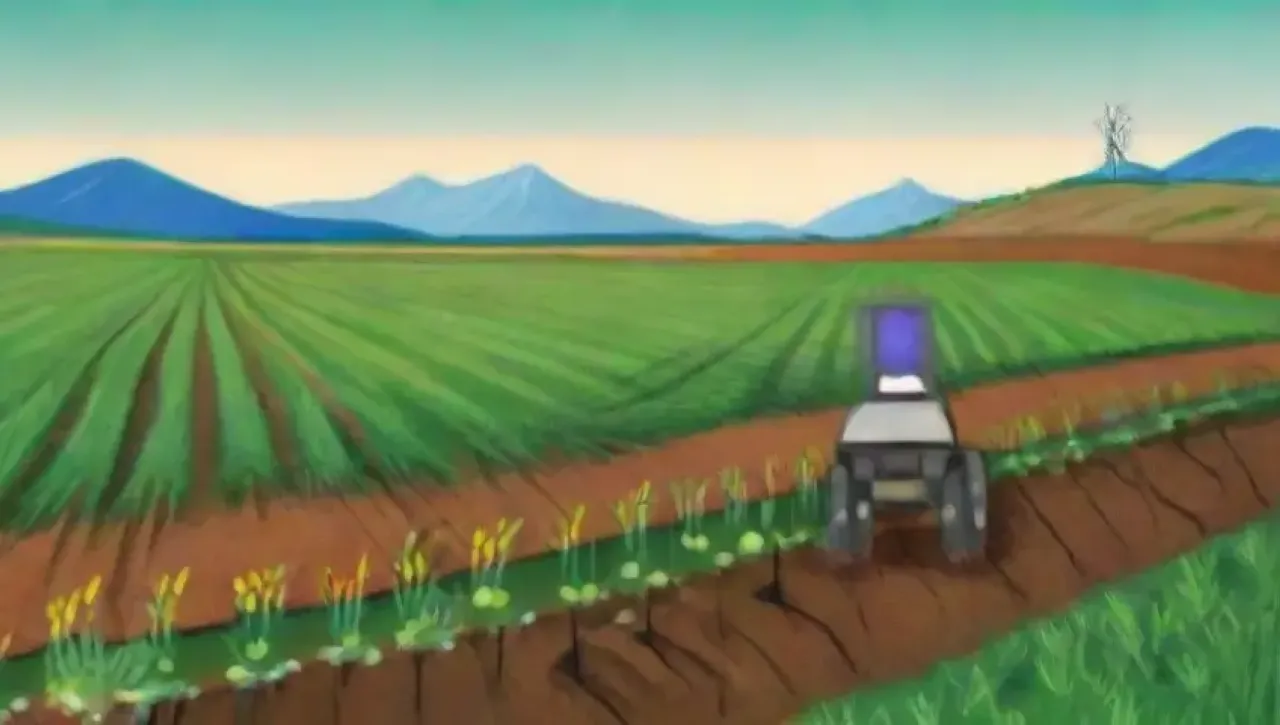 Campos verdes vibrantes con sensores de suelo y agricultores analizando datos