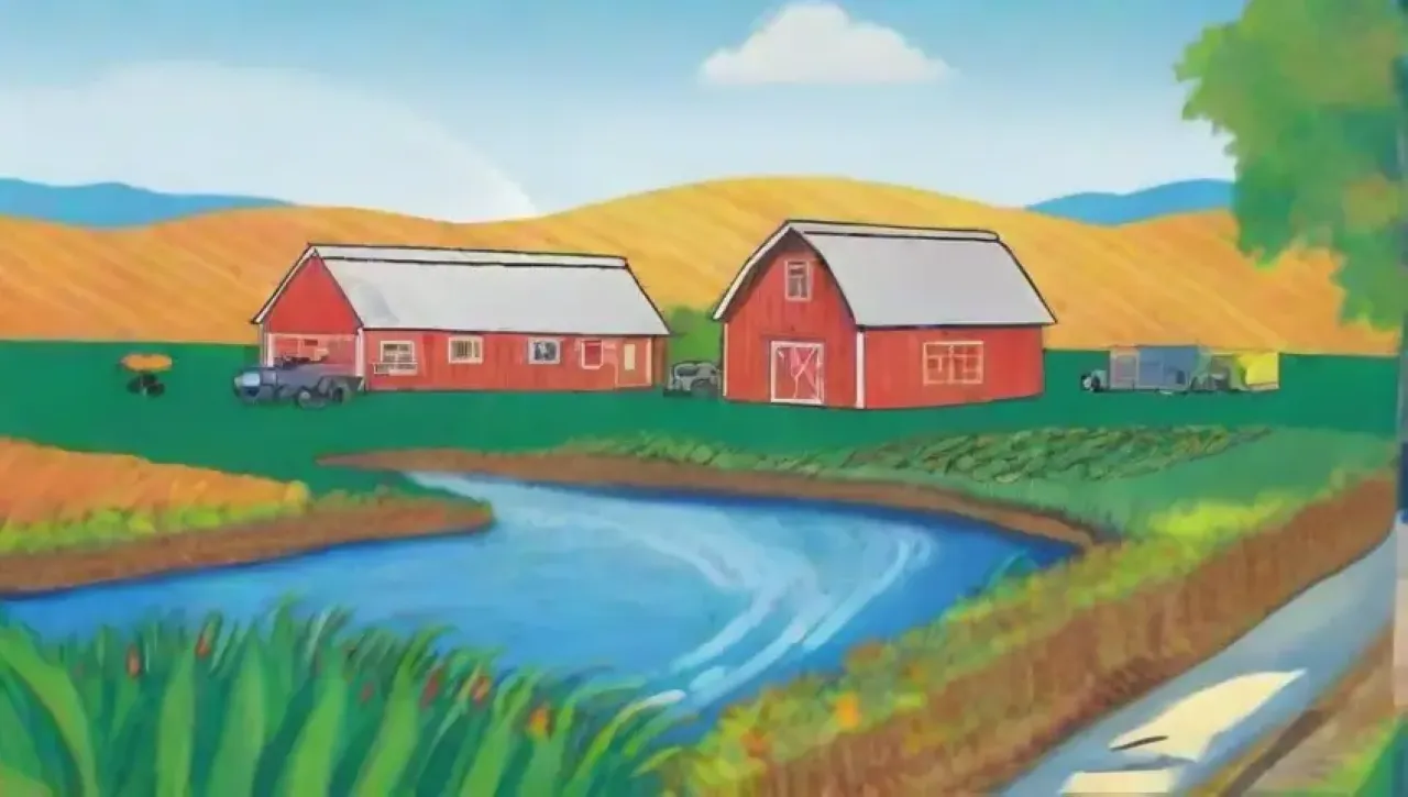 Un paisaje agrícola vibrante que combina tradición y modernidad, con innovación y sostenibilidad en el futuro de la agricultura