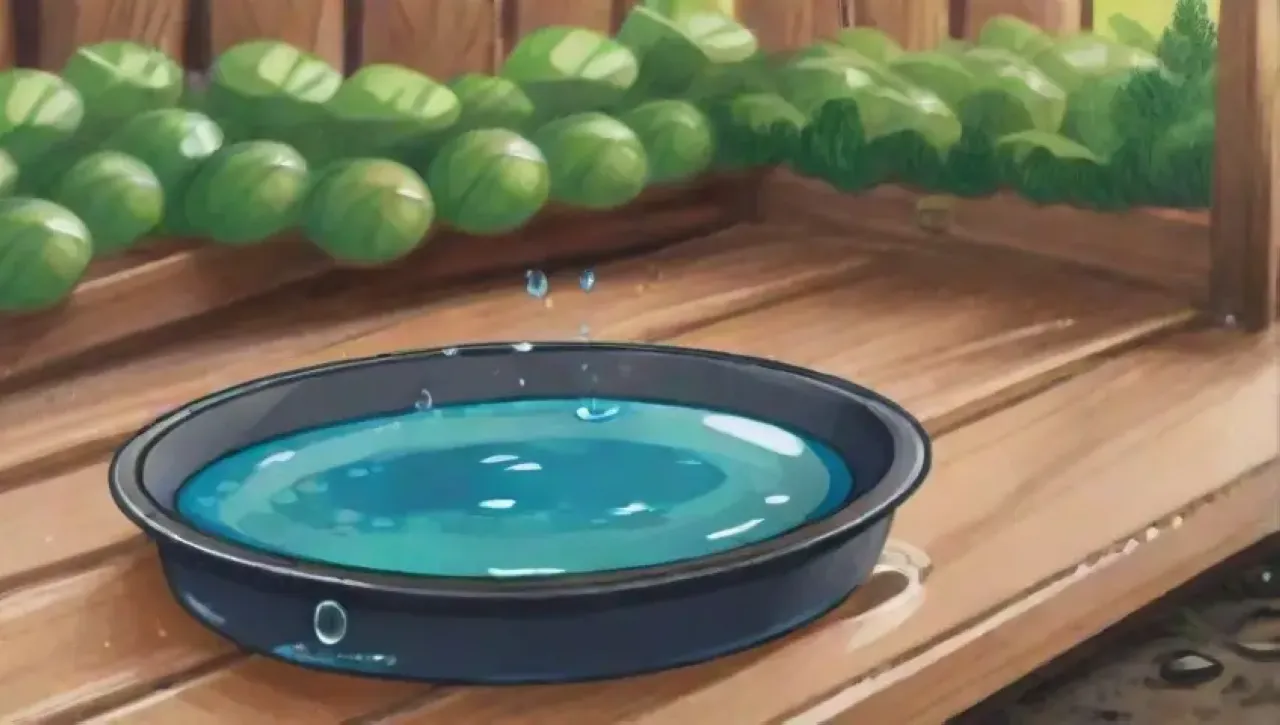 Un fondo vibrante muestra un trampa de agua rodeada de hojas verdes y flores, reflejando un jardín sereno