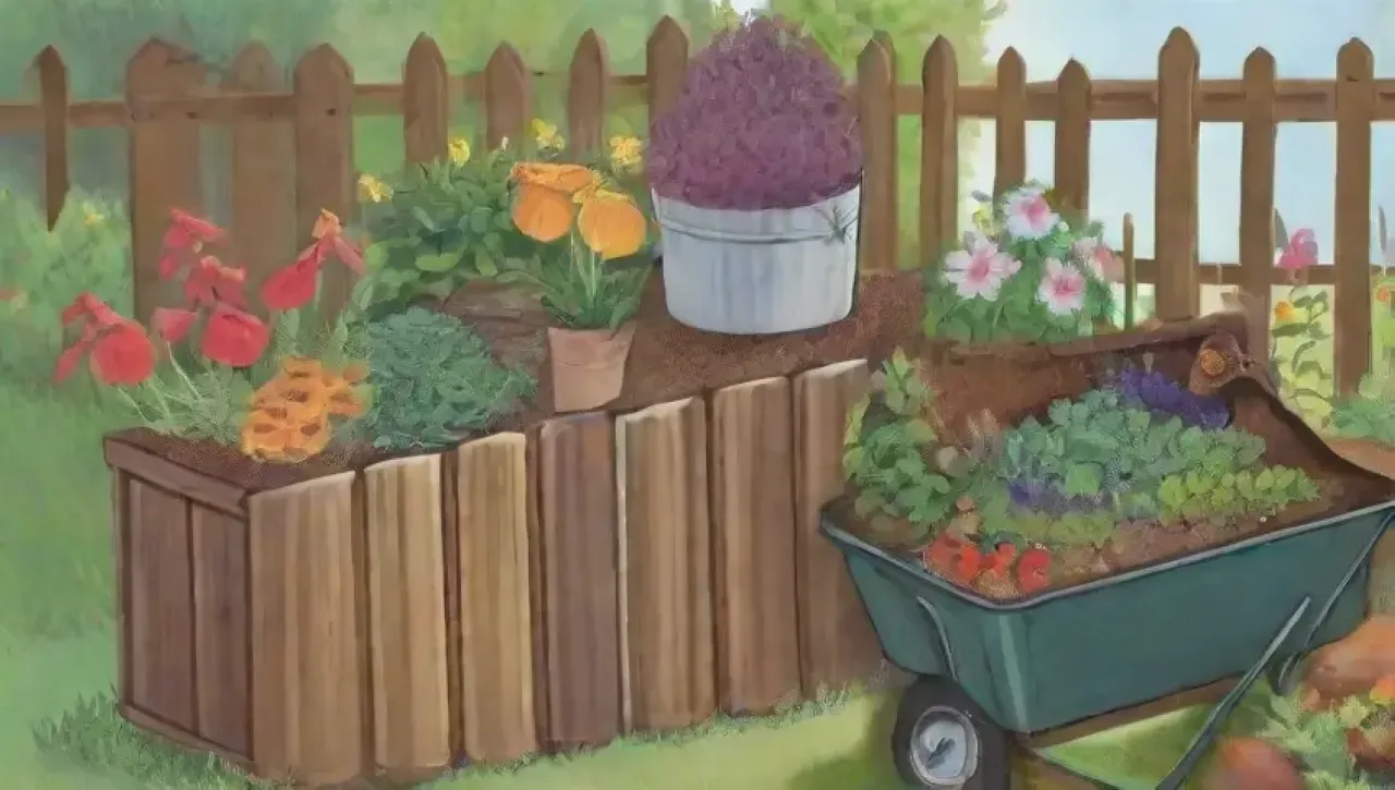 Un jardín vibrante con plantas verdes, flores, un compostador y herramientas de jardinería