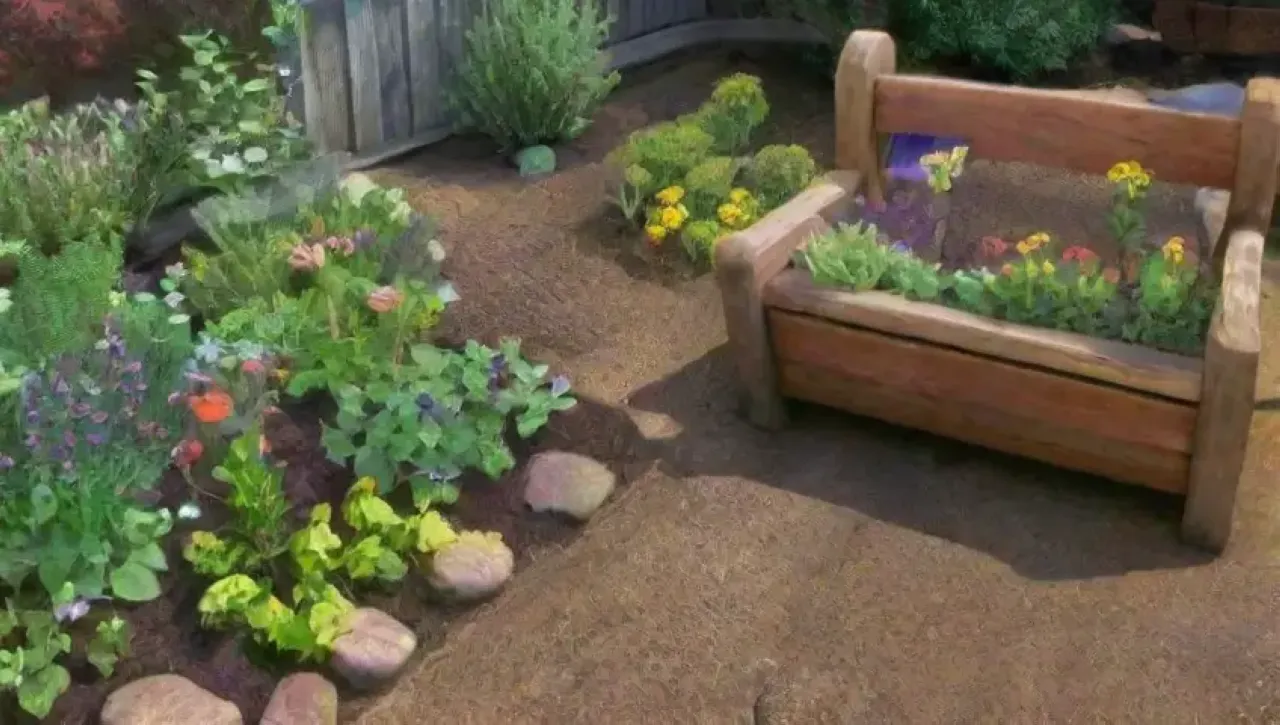Un jardín vibrante y armonioso lleno de plantas, flores y elementos naturales
