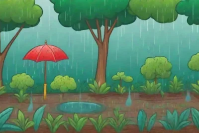 Jardín verde y sereno con riego automático y gotas en las hojas