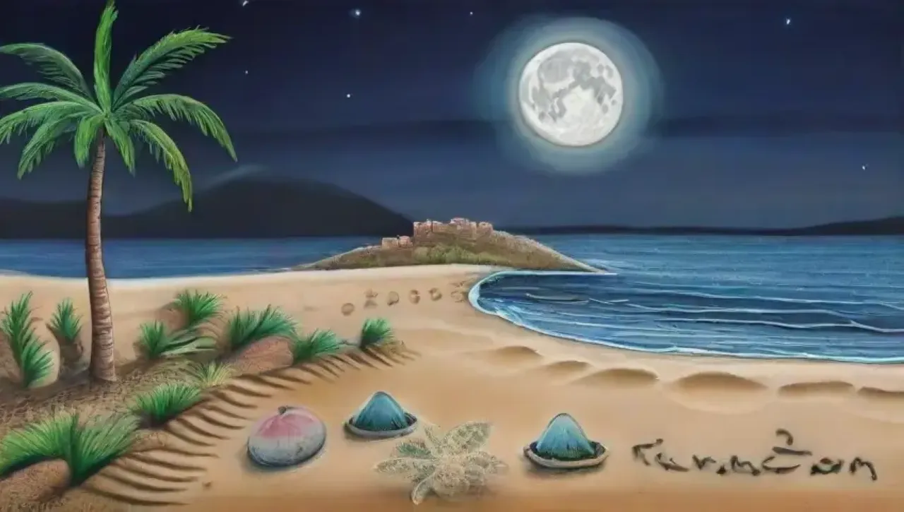 Una escena costera serena con la luna brillando, olas suaves, y la naturaleza en armonía
