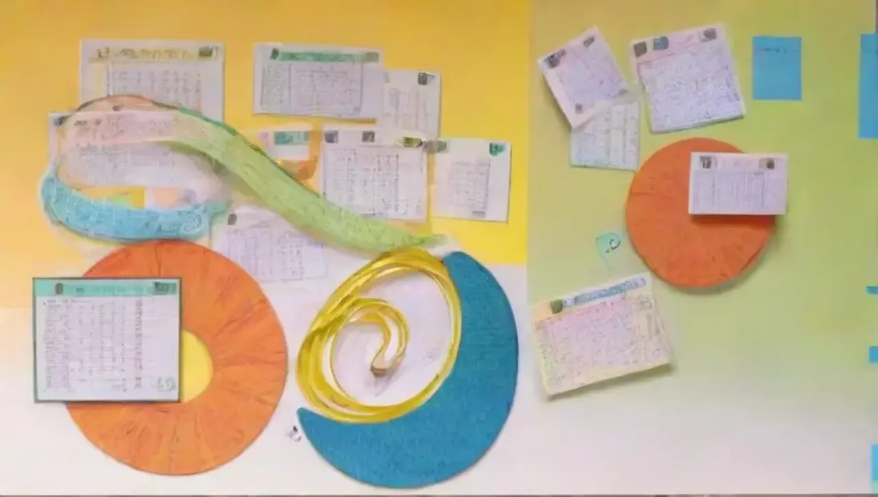 Un fondo vibrante con espirales, flechas, formas geométricas, un reloj, notas adhesivas, un calendario, una balanza, un escritorio con una laptop y una nube de ideas