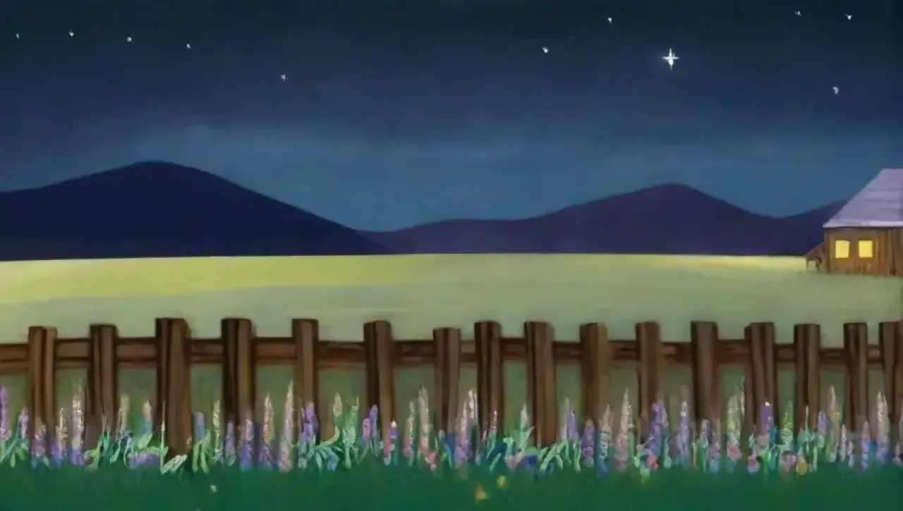 Una noche serena con luna creciente, estrellas brillantes y campos verdes, simboliza la armonía entre naturaleza y tradición