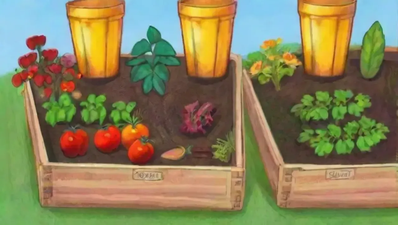 Un jardín vibrante lleno de vegetales coloridos, flores, herramientas y un cielo sereno