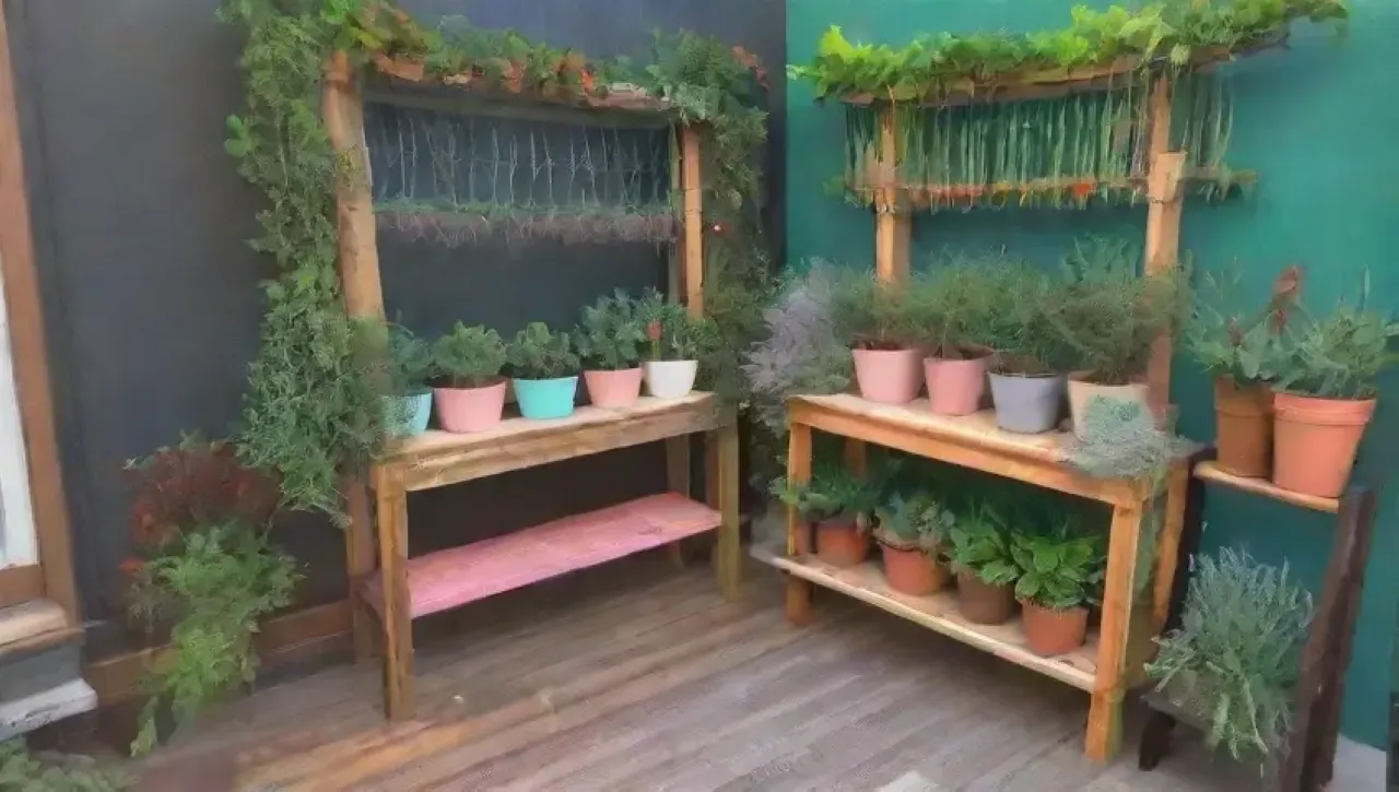 Un jardín urbano vibrante con plantas, flores, herramientas y un ambiente acogedor