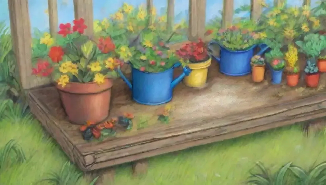 Un jardín vibrante y sereno, lleno de plantas, flores, mariposas y herramientas, donde la naturaleza prospera en armonía