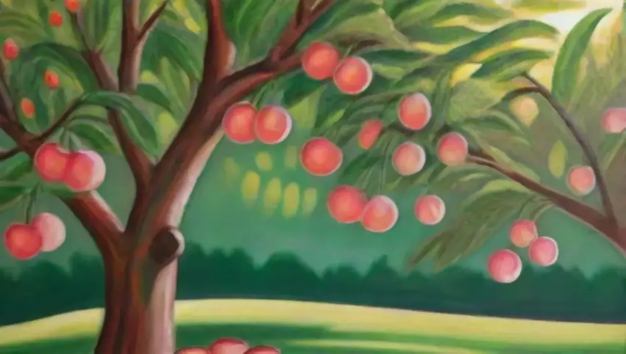 Los árboles frutales brillan bajo el sol, mostrando su abundancia de colores y aromas
