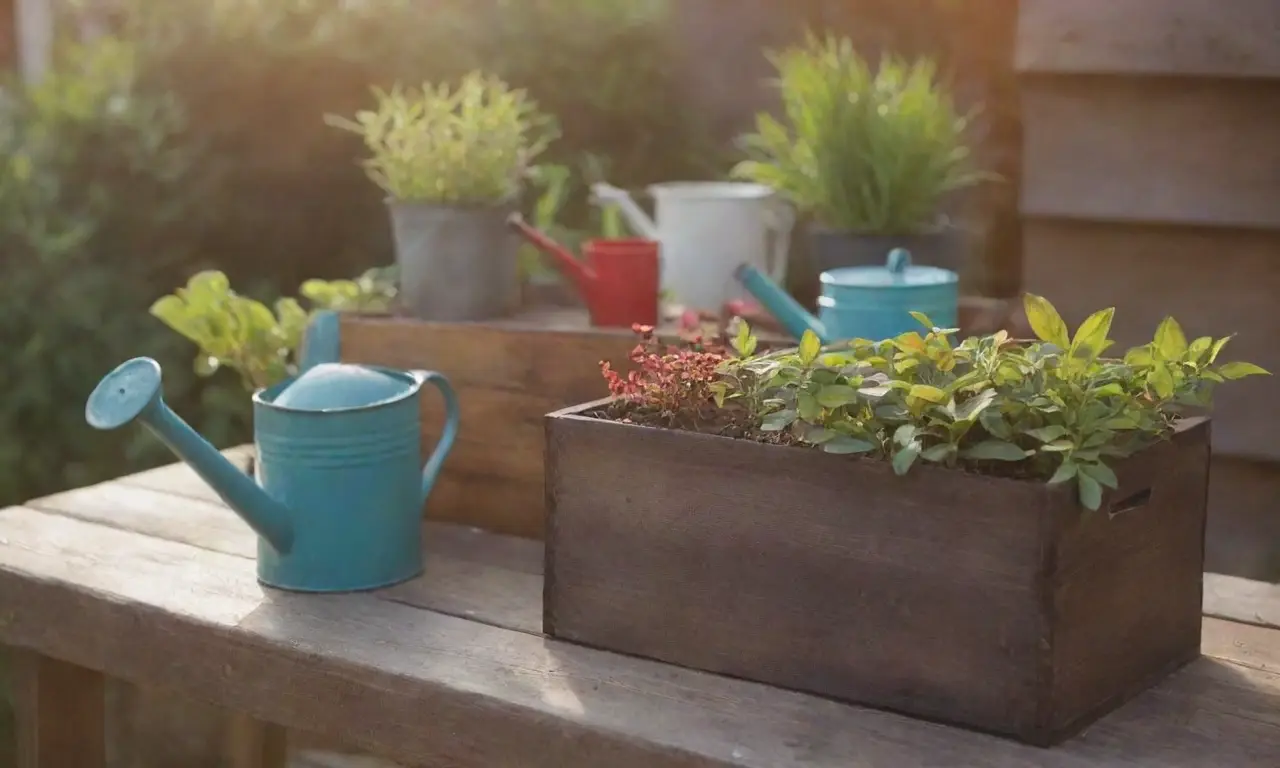 Plantas coloridas y herramientas de jardinería en un entorno urbano