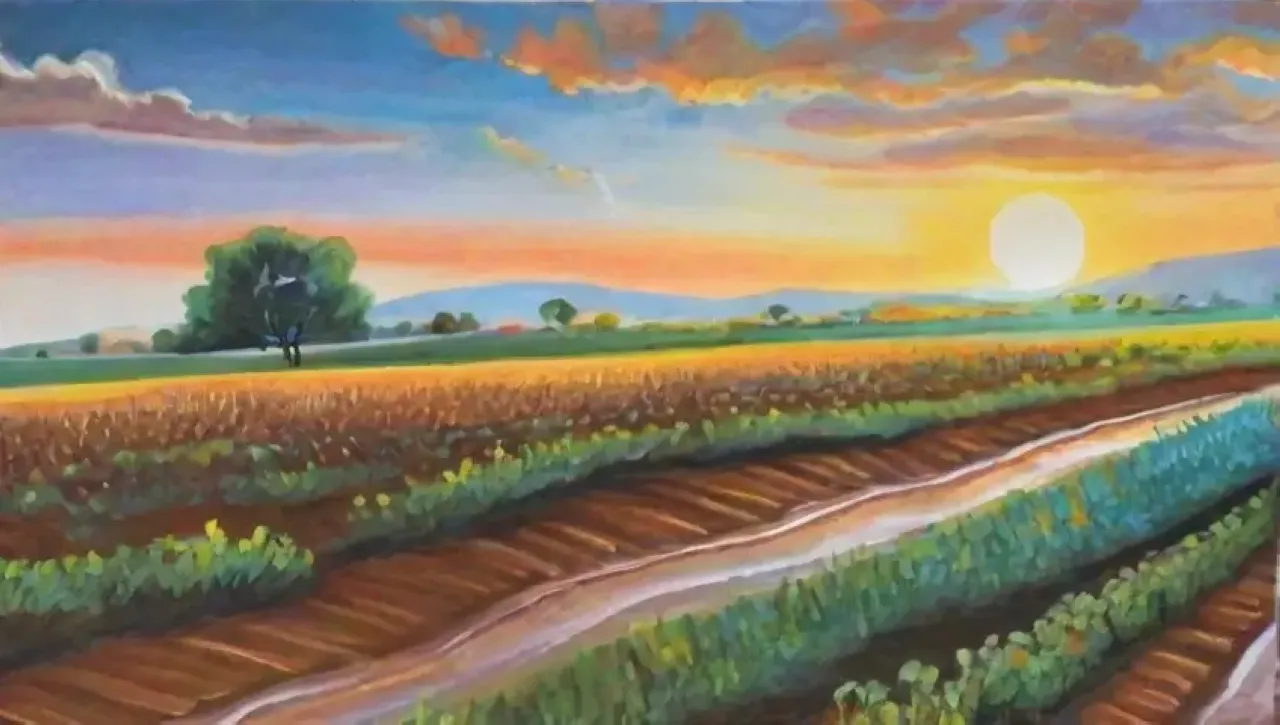 Un paisaje agrícola vibrante y sostenible lleno de vida y cosechas