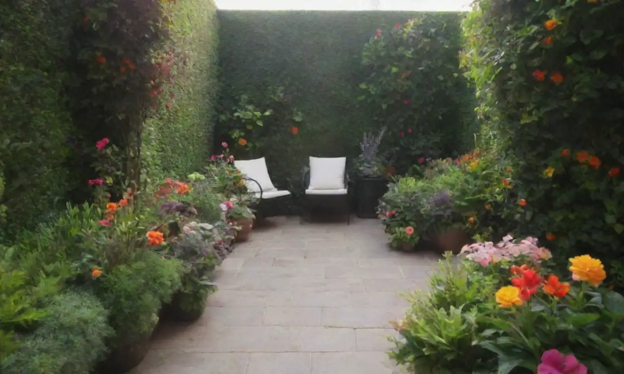 Diseño de pequeño jardín con flores vibrantes y arreglos coloridos