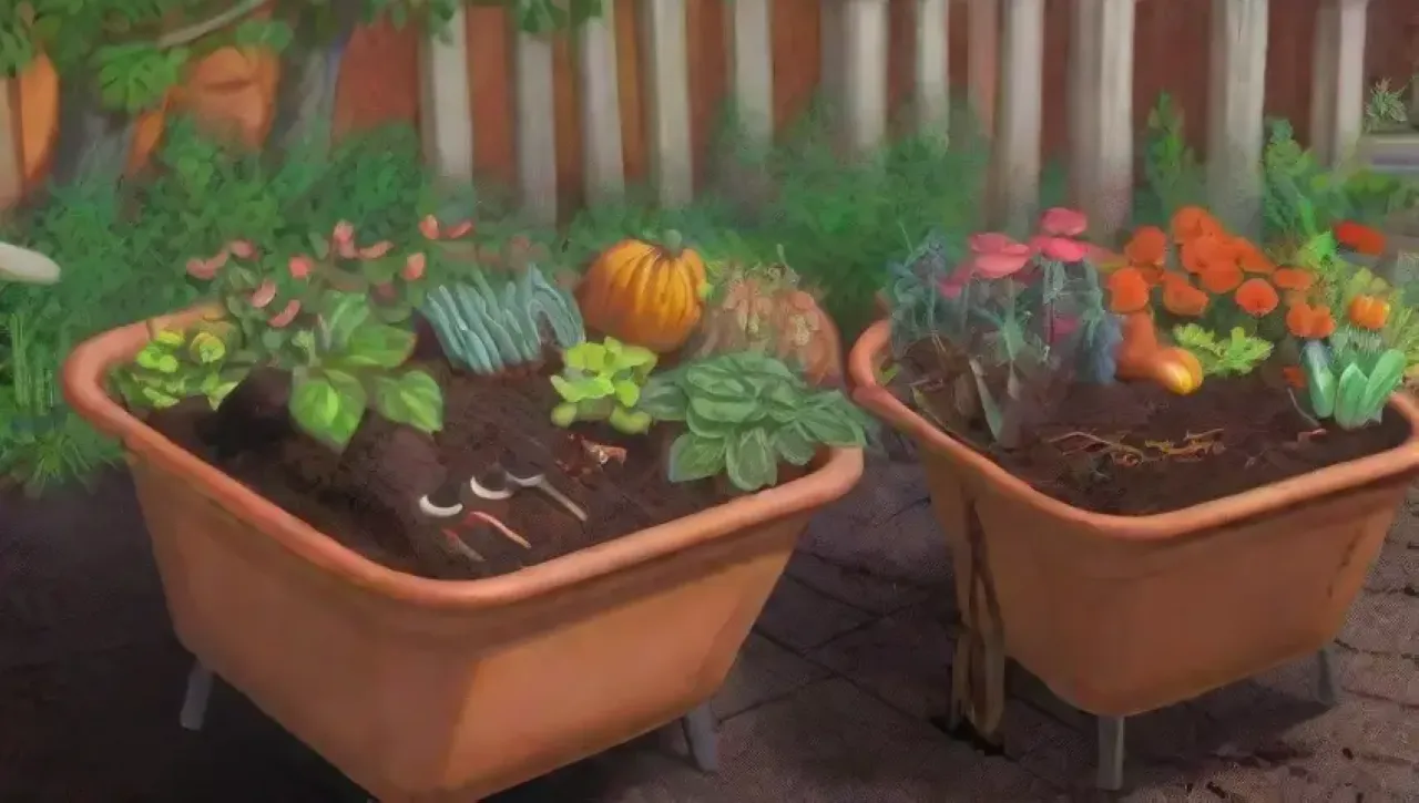 Un jardín vibrante y lleno de vida con compost, plantas y luz del sol