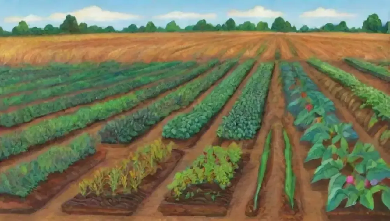 Un ecosistema vibrante y sostenible florece en campos de cultivos bajo un cielo azul
