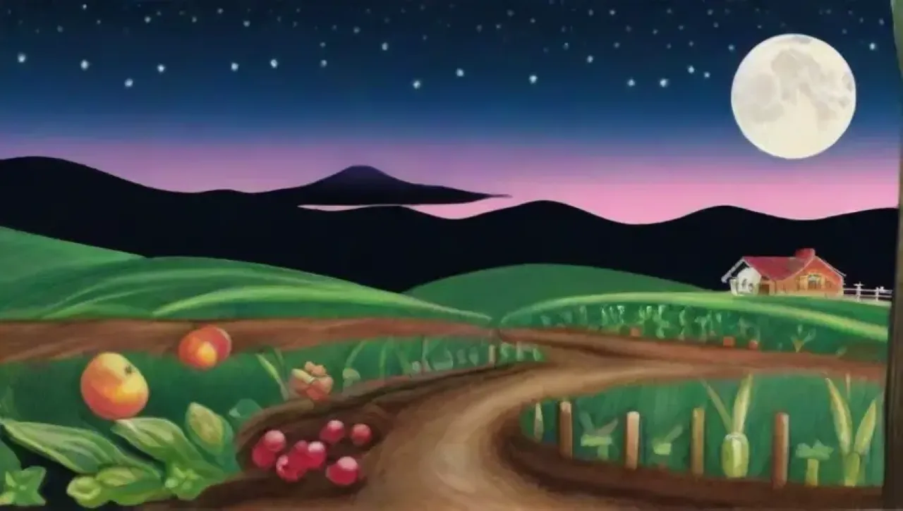 Un paisaje sereno y armonioso donde la luna, la tierra y los agricultores se entrelazan en ciclos de vida