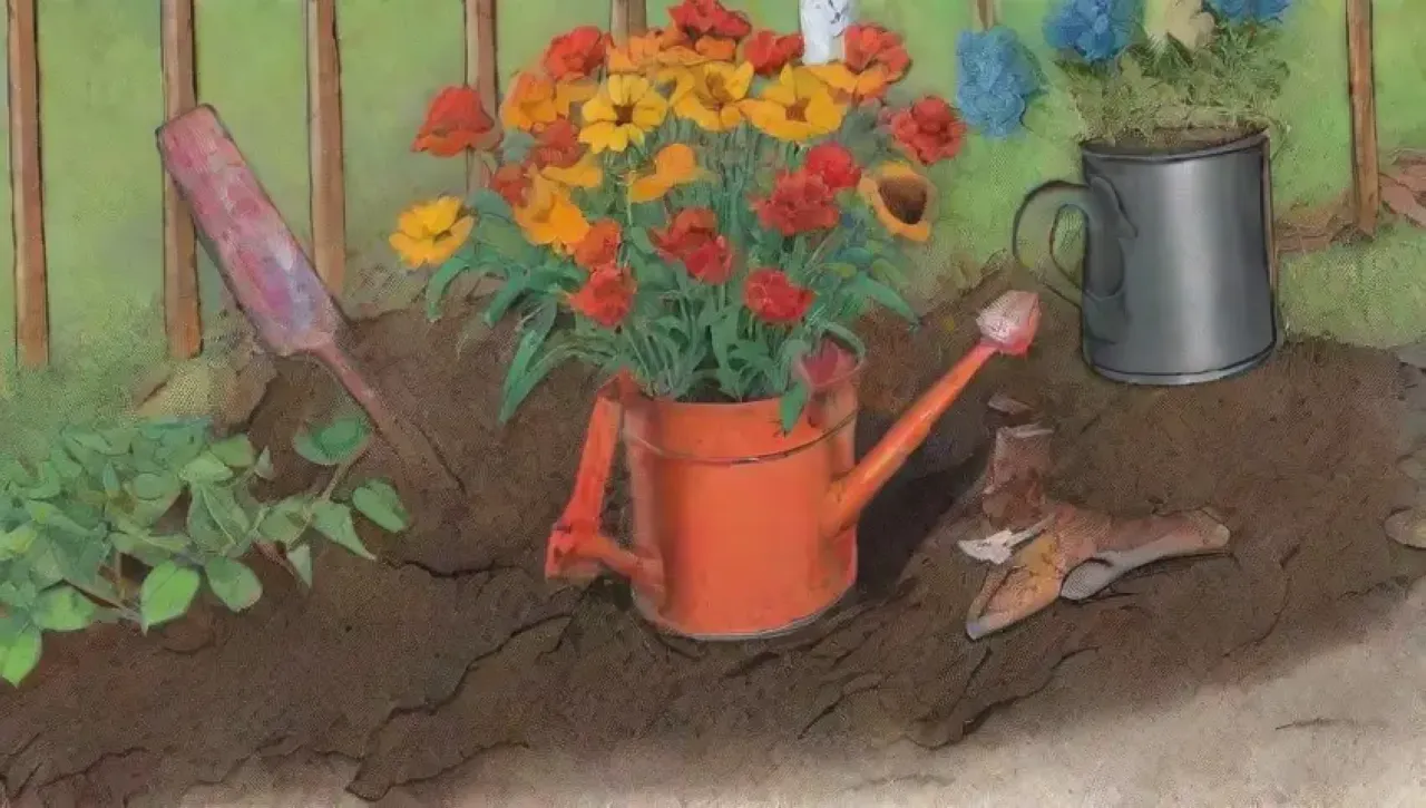 Un jardín descuidado con plantas marchitas, herramientas oxidadas y un jardinero descontento