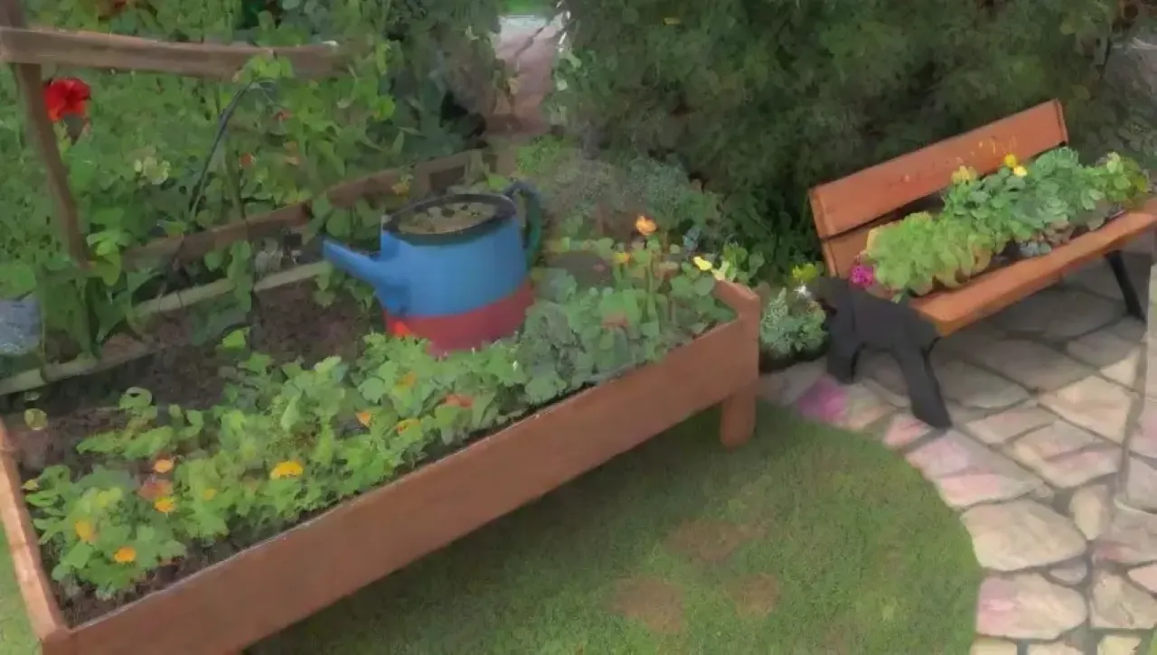 Un jardín vibrante y acogedor lleno de vida y color
