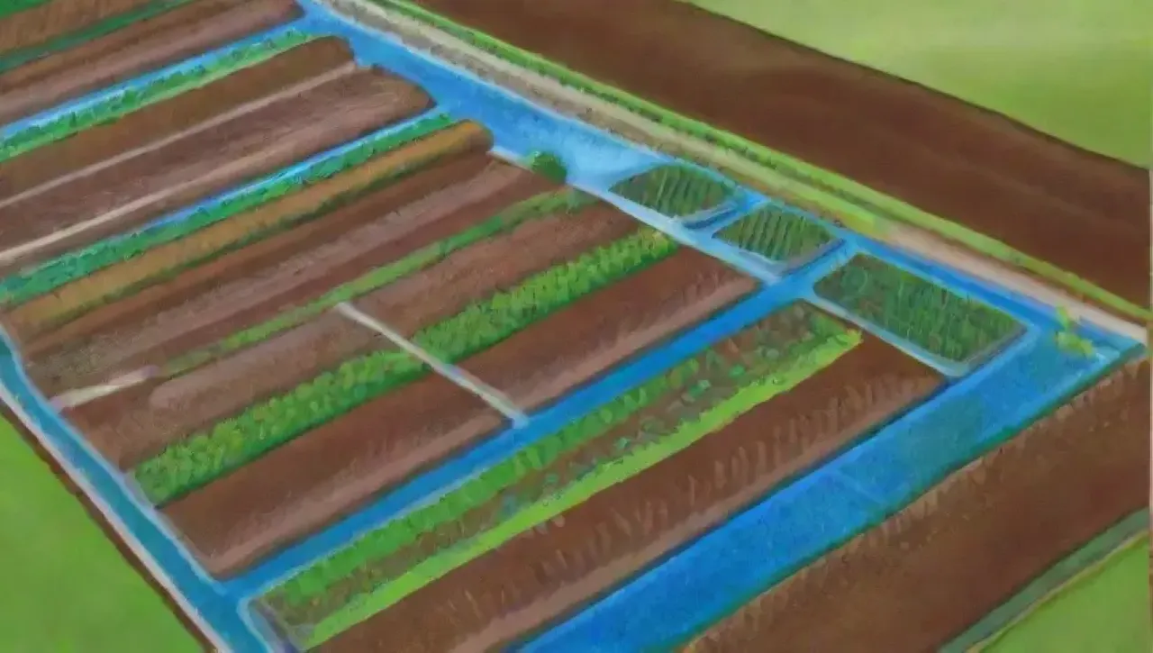 Un paisaje agrícola vibrante con campos verdes, cultivos, agua, herramientas y prácticas sostenibles