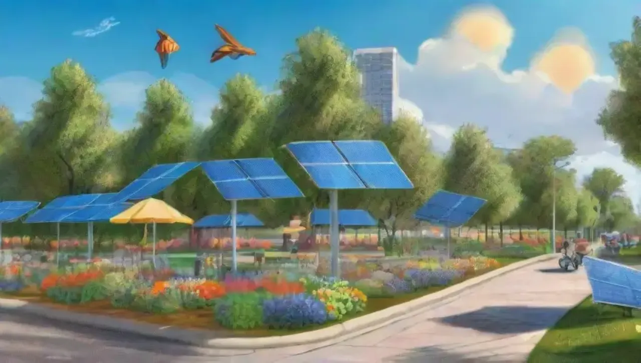 Un entorno urbano sostenible y vibrante lleno de naturaleza y comunidad